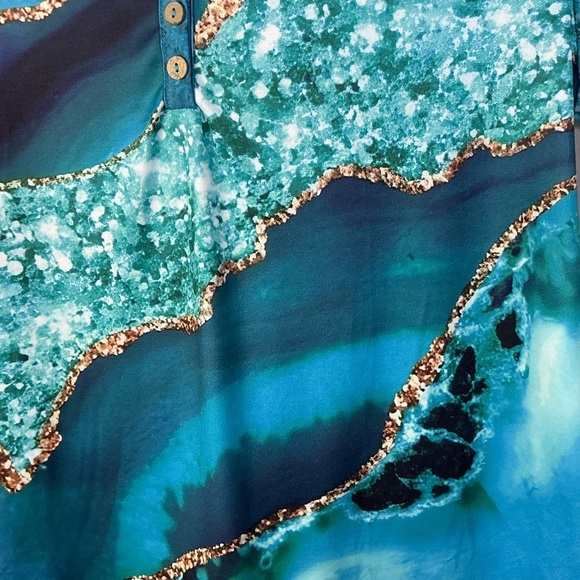 Beach Ocean Blue Top Marbled V Neck Short sleeve Women Turquoise Teal Plus 2XL - Picture 11 of 16